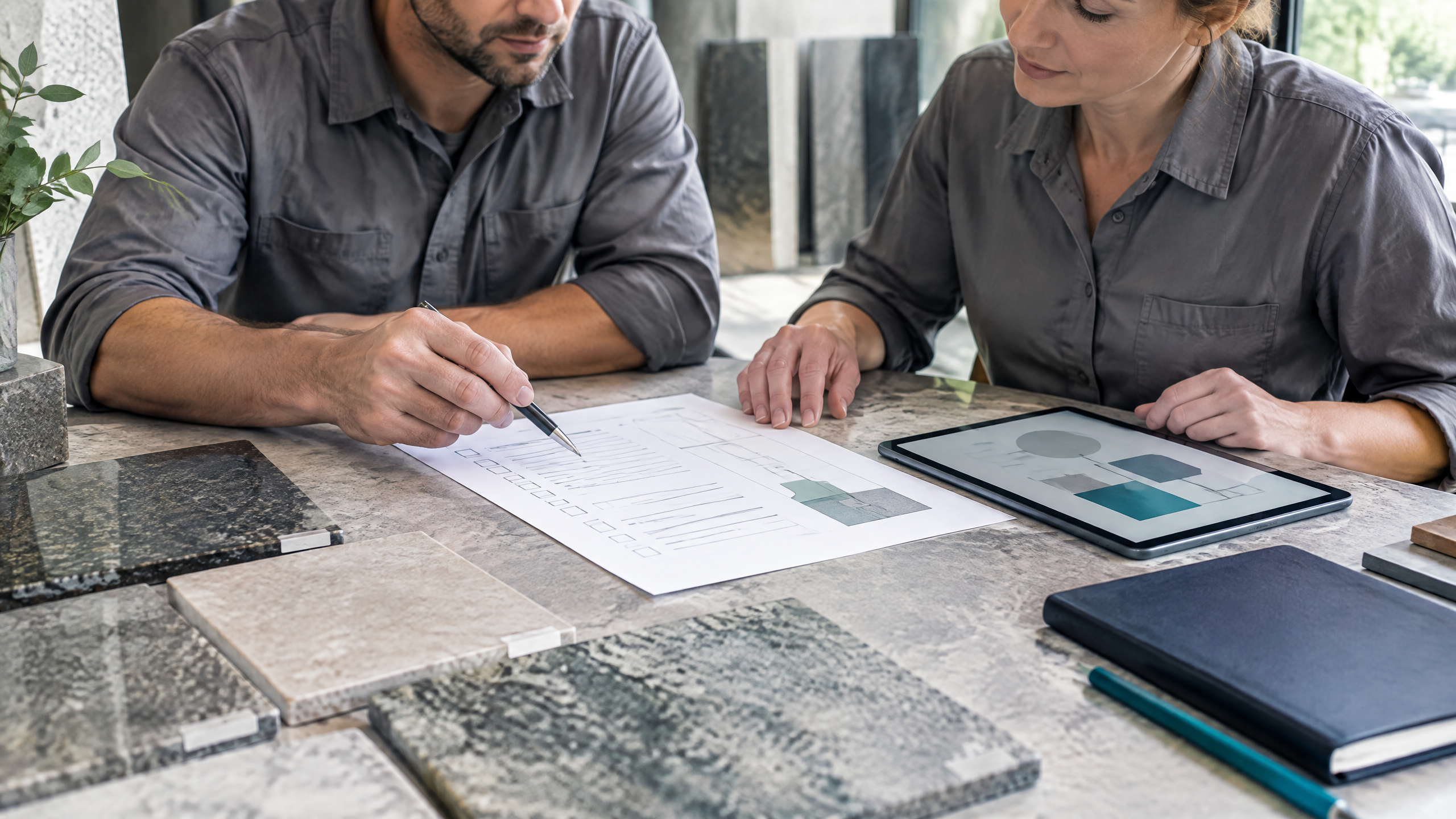 Illustratives Team prüft Checkliste und Natursteinmuster für eine klare Fachdokumentation.