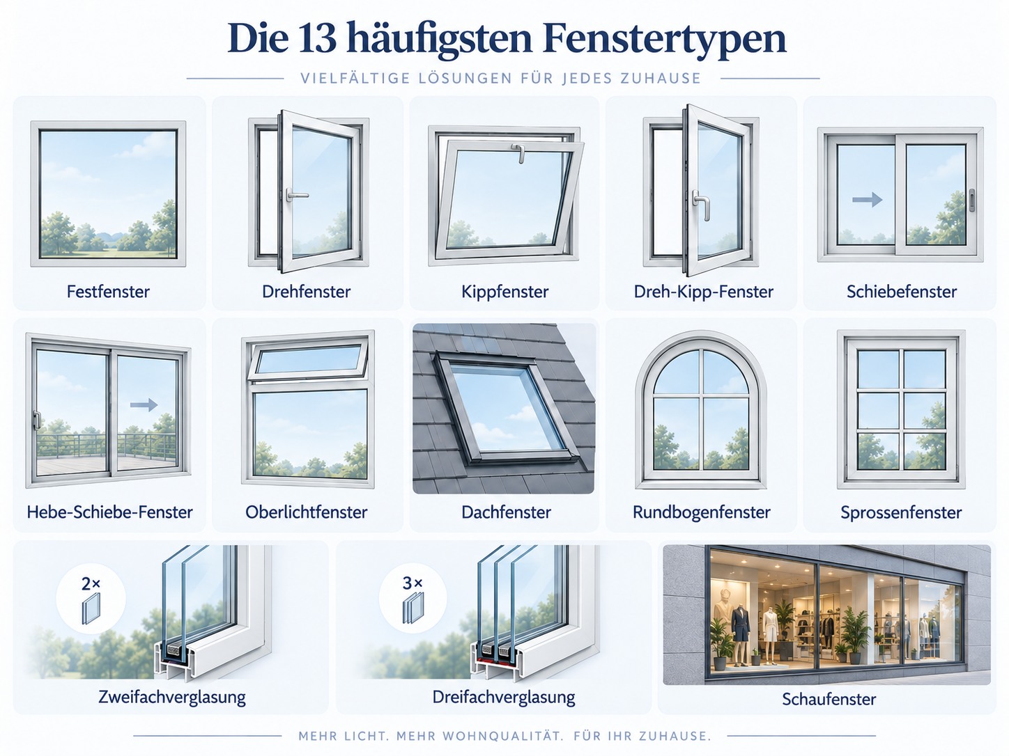 Ihre Auswahlhilfe: Die Grafik zeigt häufige Fensterbauarten und Verglasungen.