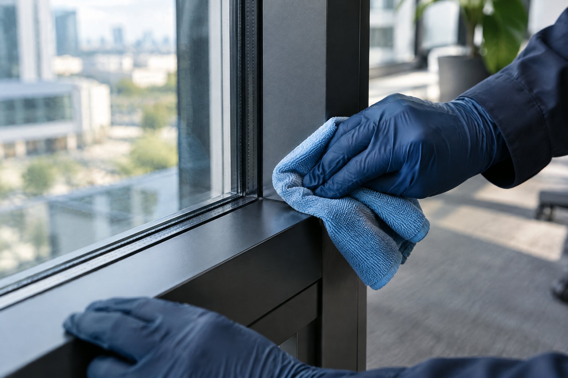 Illustrative Detailansicht einer materialgerechten Reinigung eines Aluminiumfensterrahmens
