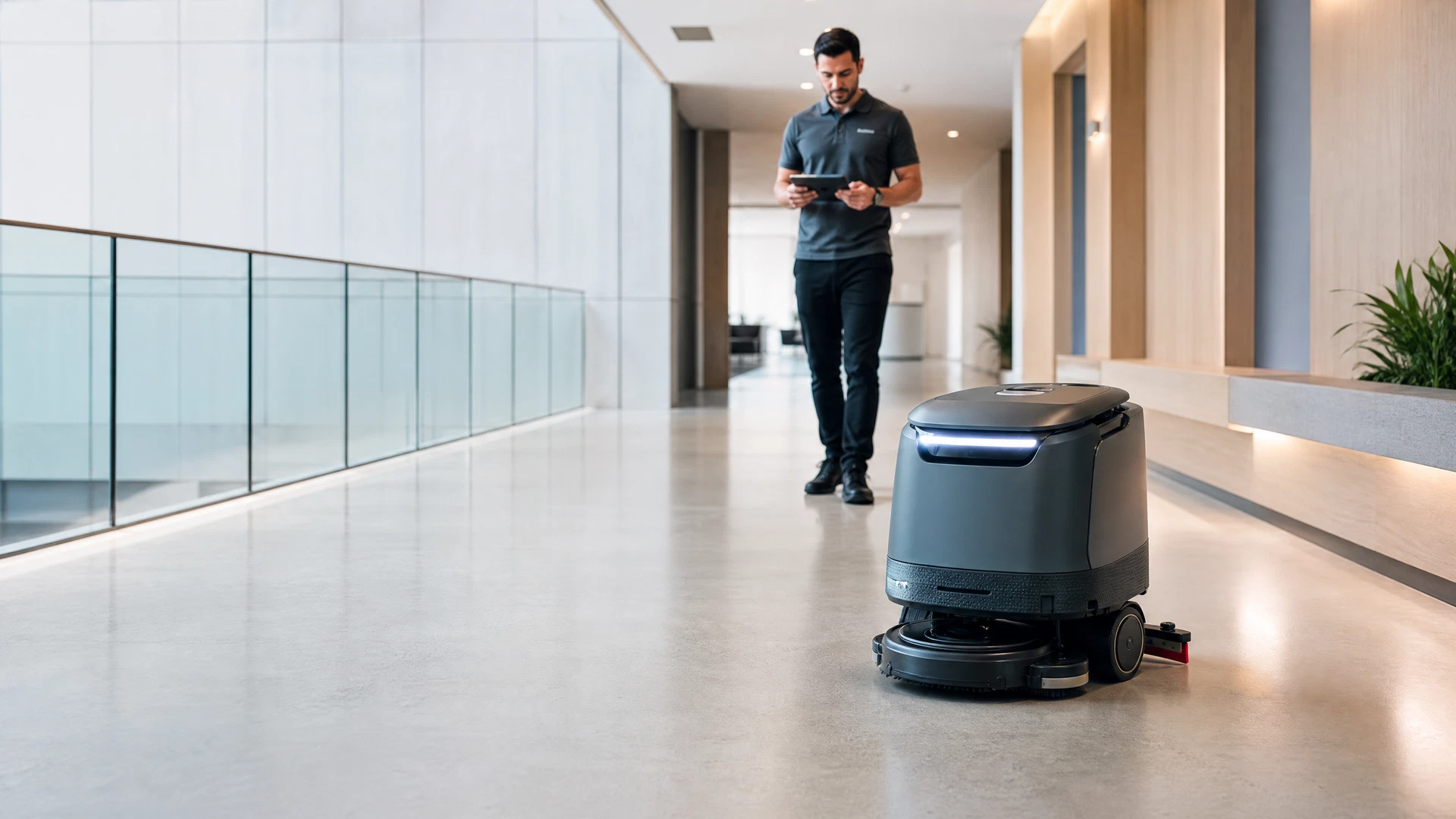 Autonomer Reinigungsroboter auf einer modernen Objektfläche unter Aufsicht einer SteinWert-Fachkraft