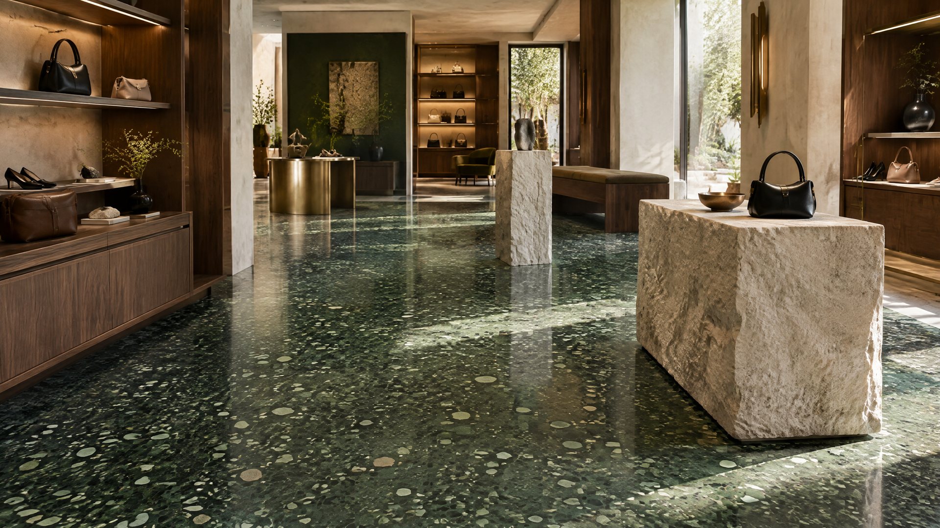 Illustrative hochwertige Boutique mit dunkelgrünem Terrazzo-Boden und dunklem Holz