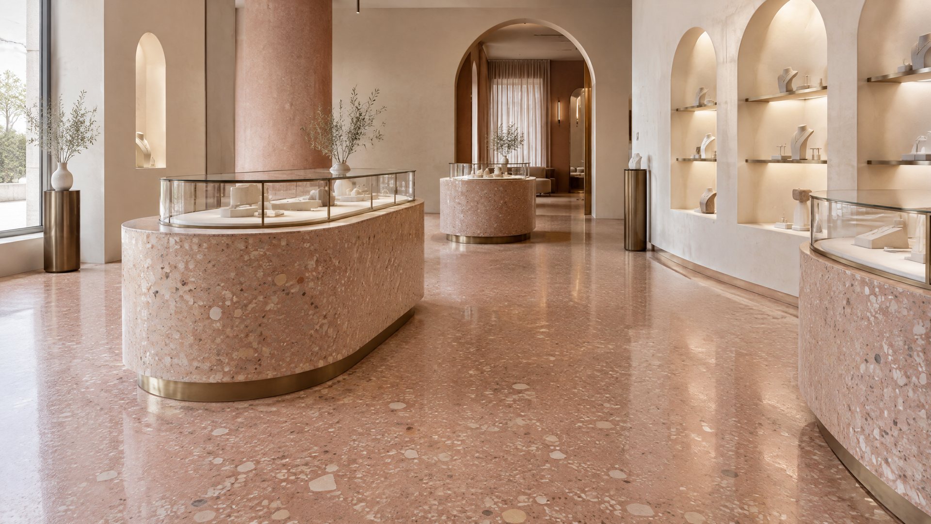Illustrative Schmuckboutique mit roséfarbenem Terrazzo-Boden und geschwungenen Vitrinen