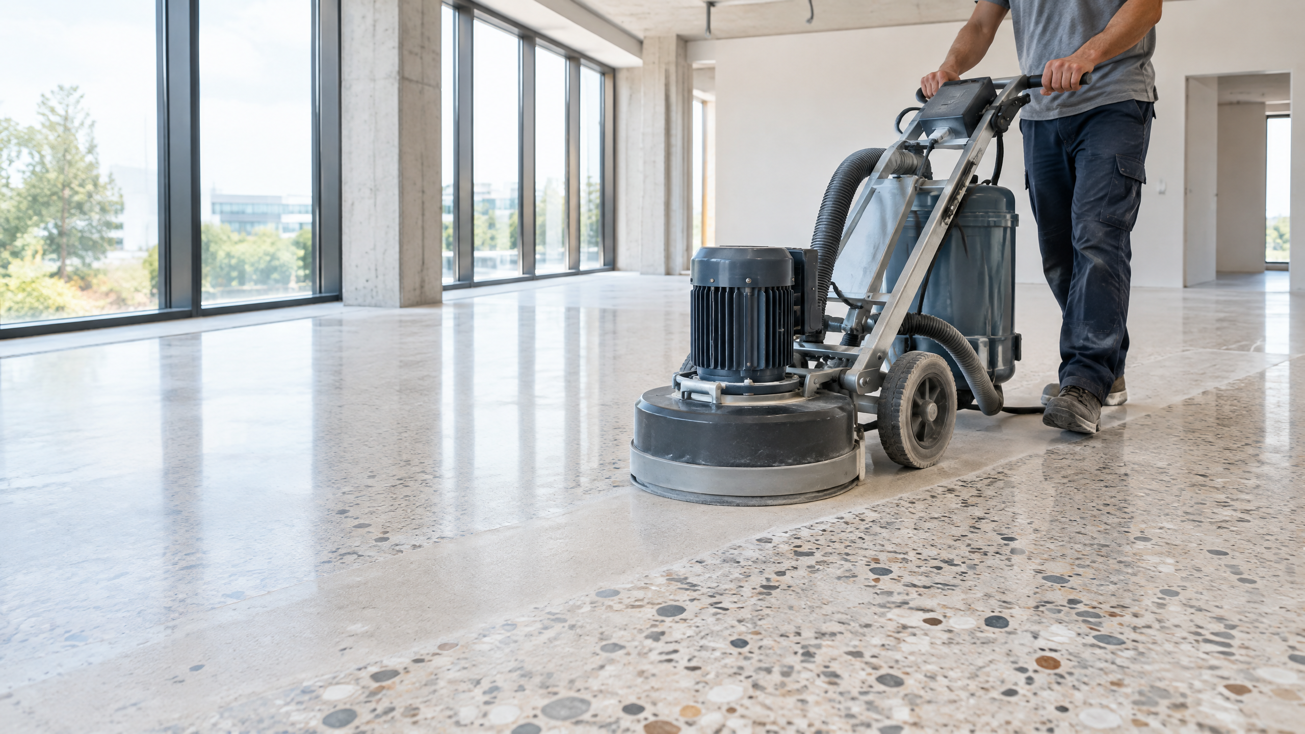 Illustrativer Trockenschliff einer Terrazzo-Fläche mit professioneller Absaugung.