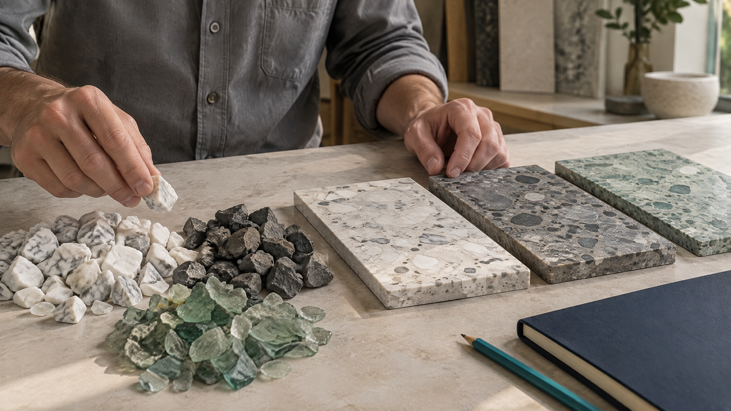Illustrative Fachkraft arrangiert Terrazzo-Zuschläge und Materialmuster in einem Materialstudio.